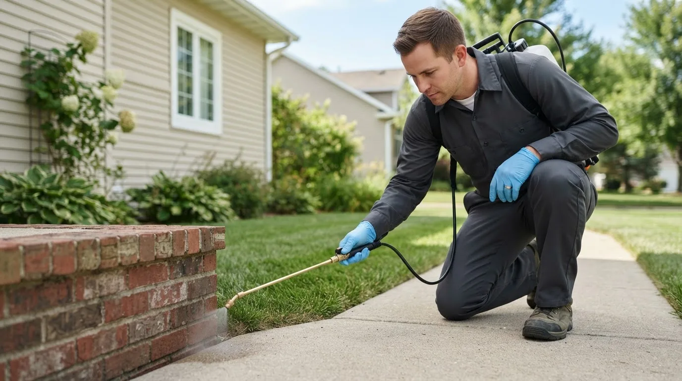 Pest control technician treating a home near Emelle, AL